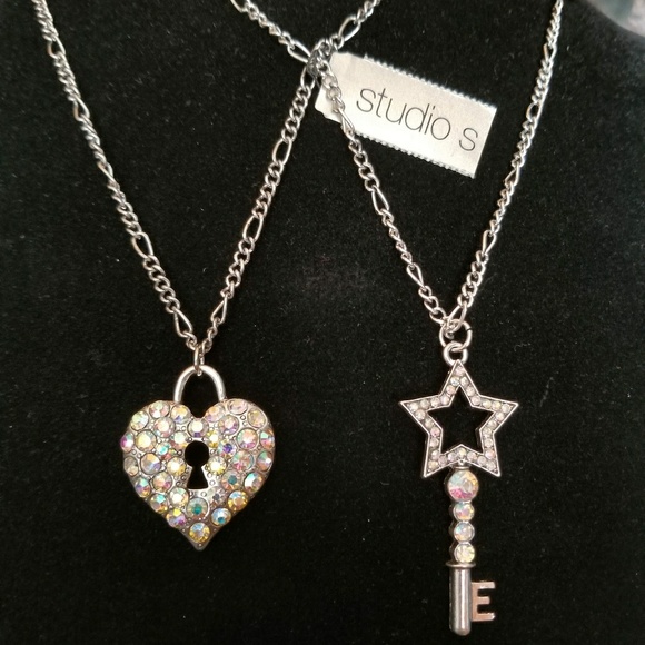 Silver Key and Crystal Heart BFF Necklaces - Picture 1 of 6